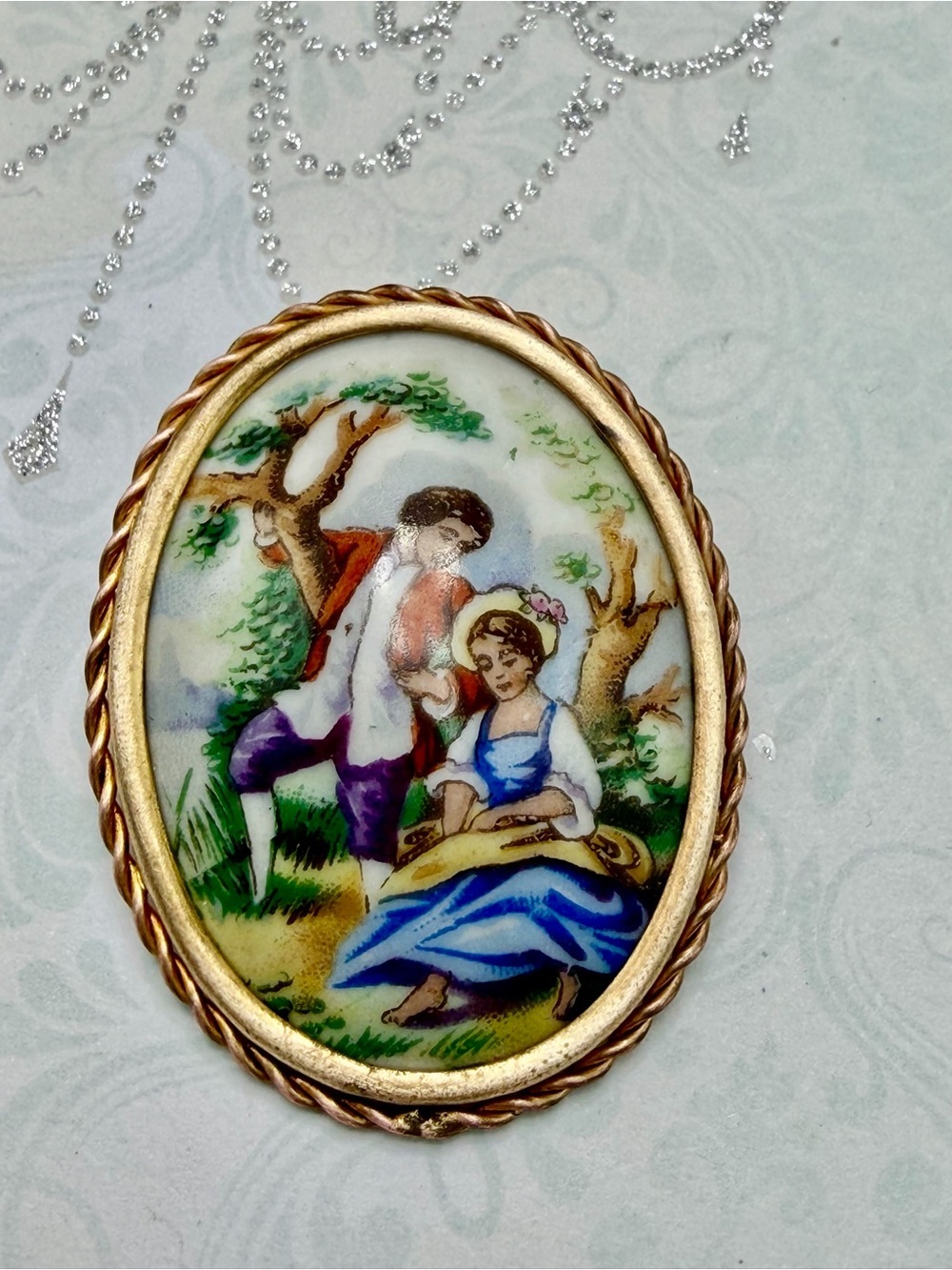 Vintage Limoges Brooch Blue Dress #p09